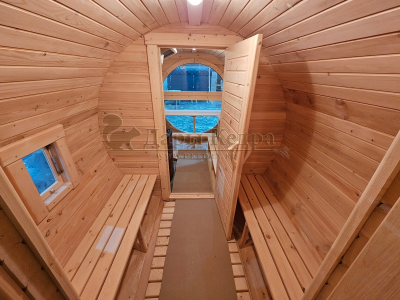 Баня-бочка «Орео» с боковым входом и панорамным окном